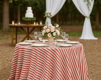 Red Striped Round Linen Tablecloth, Elegant Wedding Table Cover, Christmas Holiday Table Decor, Custom Round Cotton Tablecloth