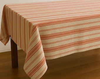 Pure Linen Table Cover, Thanksgiving Natural Tablecloth 60 x 120 inch, Machine Washable Rectangle Tablecloth, Round Stripe Linen Tablecloth