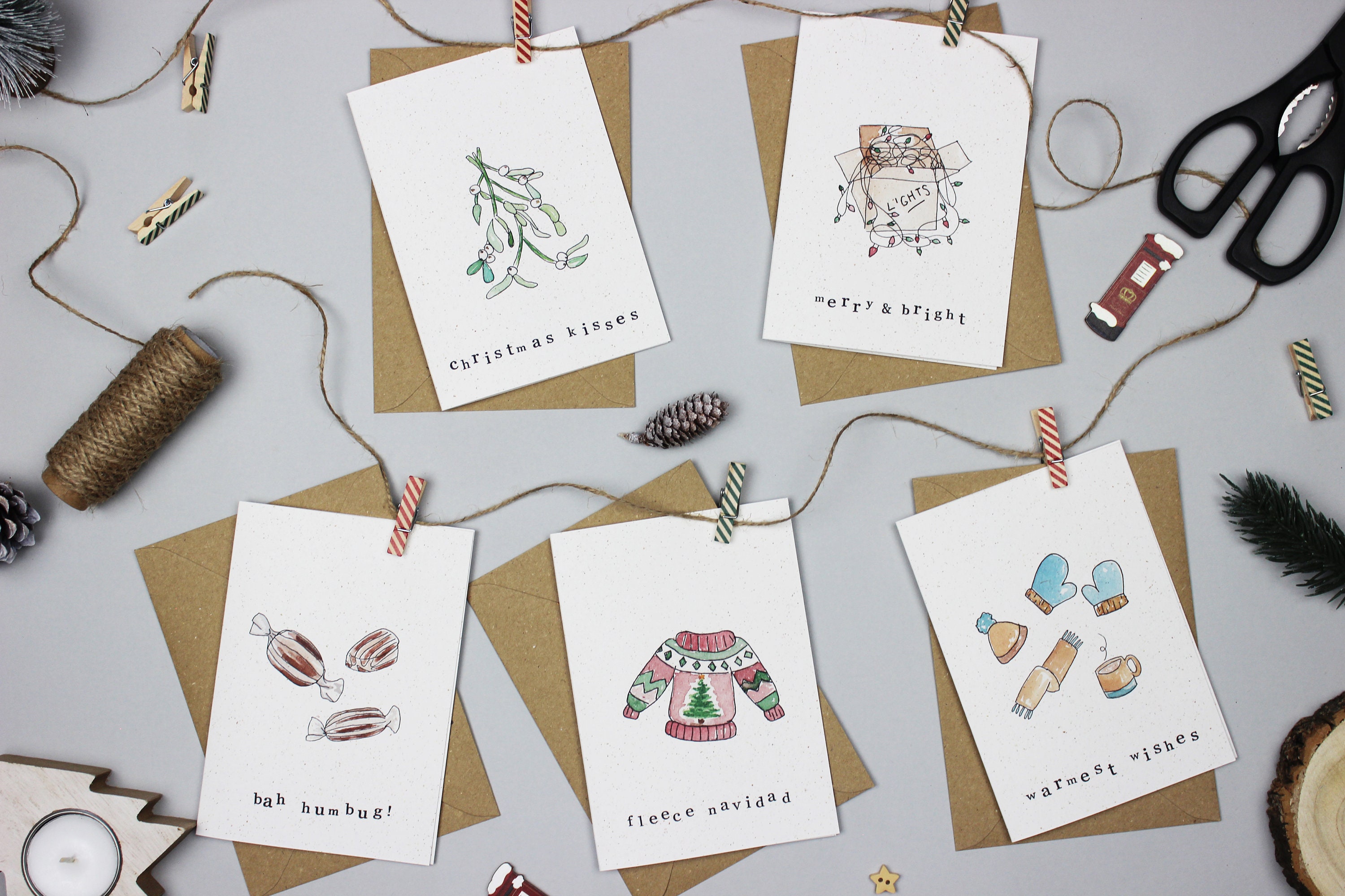 Handmade 5 Pack Pun Christmas Cards - Christmas Kisses, Merry and Bright, Bah Humbug, Fleece Navidad, Warmest Wishes