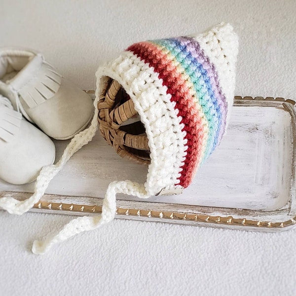 Rainbow Baby Bonnet, Rainbow Pixie Hat, Crochet Newborn Hat, Stripe Baby Hat with Tie, New Baby Gift, Cottagecore Baby Clothes, Preemie Hat