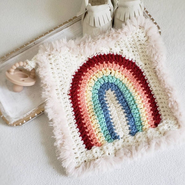 Rainbow Baby Lovey, Pacifier Lovey, Binky Clip, Small Crochet Blanket, Paci Security Blanket, Rainbow Blanket w/ Fur Trim, Rainbow Baby Gift