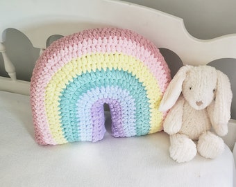 Plush Rainbow Pillow, Pastel Rainbow Throw Pillow, Rainbow Nursery Decor, Kid's Room Decor, College Dorm Decor, Rainbow Arch Crochet Pillow