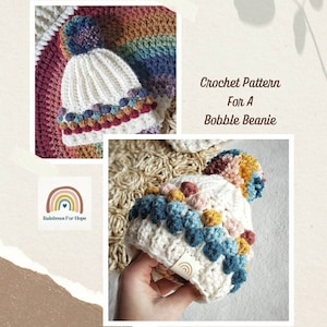 以下が含まれることがあります： カラフルなポンポンが付いた白いボブルビーニーのクロシェパターン。ビーニーは縁の周りにカラフルなボブルの列があります。パターンは「レインボーフォーホープ」と呼ばれています。