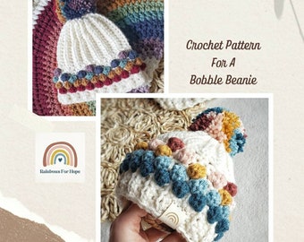 Beanie Crochet Pattern, Winter Hat Pattern in Five Sizes, Bobble Crochet Beanie, Easy Crochet Download Pattern, Crochet Toque Pattern