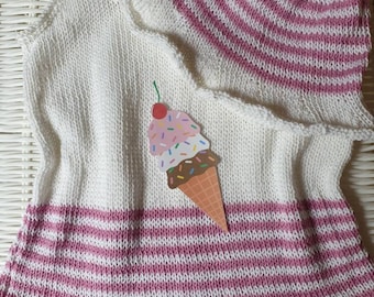 Robe d'été rayée rose et blanche en coton tricotée main pour bébé (avec ou sans chapeau de soleil assorti)