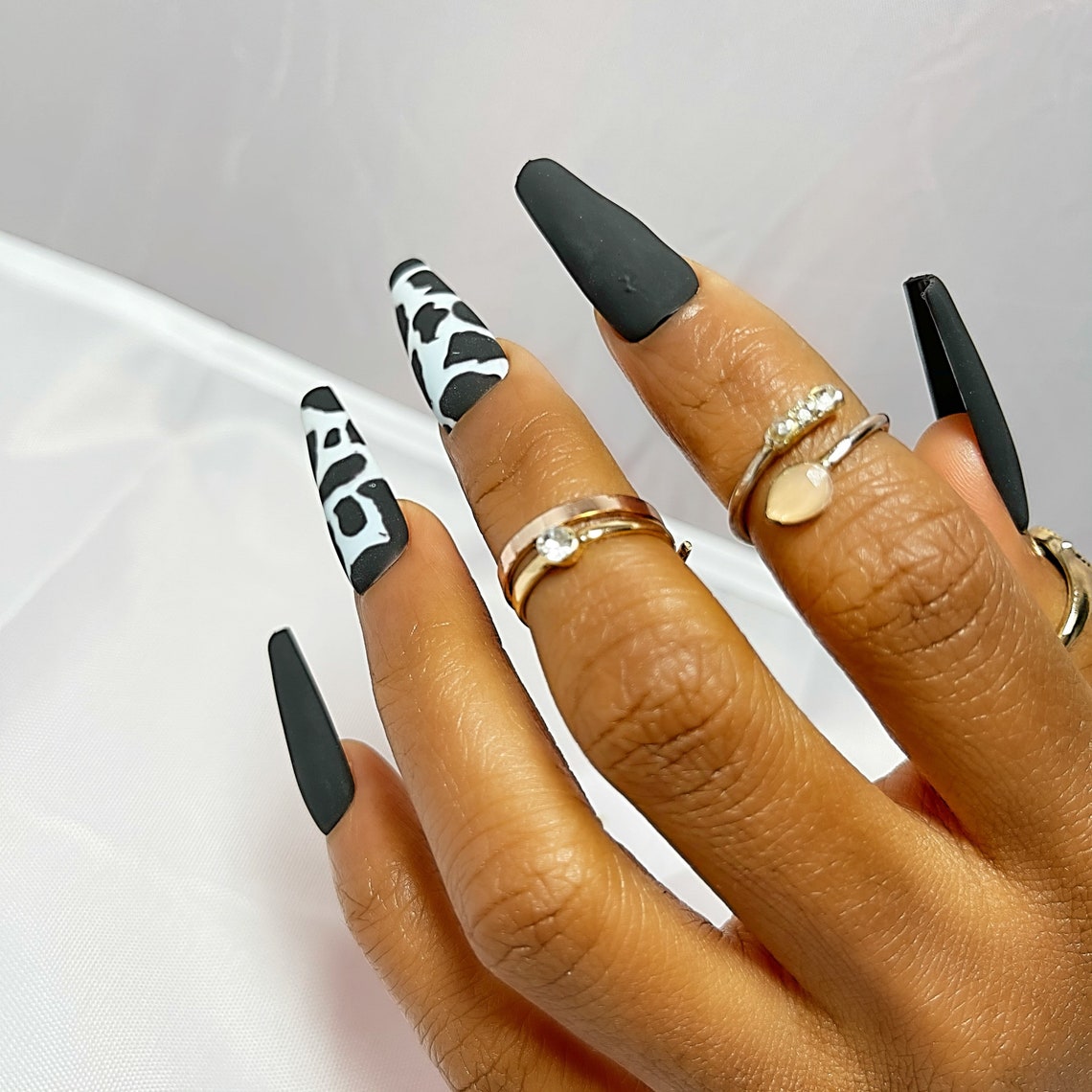 Black Print Cow Print Nails Black Cow Print Nails Long - Etsy