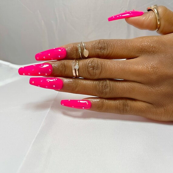 Pink Sugar  Long Glossy Hot Pink Black Silver Stiletto Nails