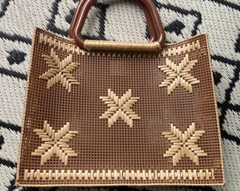 Vintage Brown and Tan Raffia Tote 1970's Purse