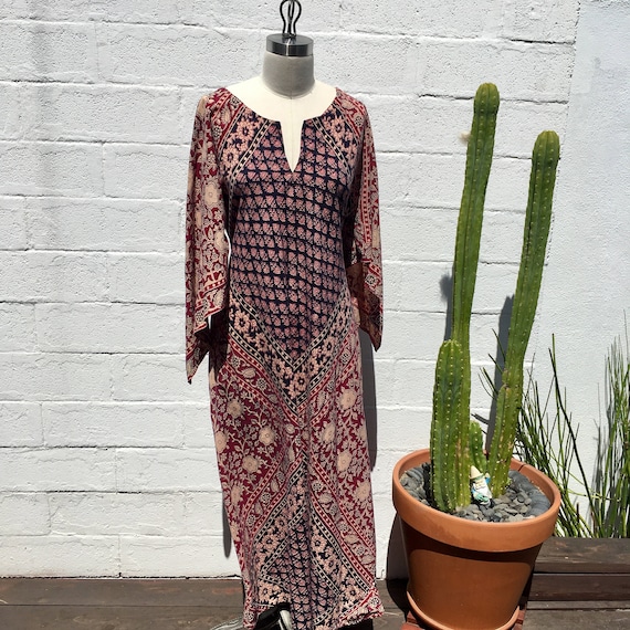 Vintage Ethnic Maxi Block Printed Maxi Dress/ Kaft