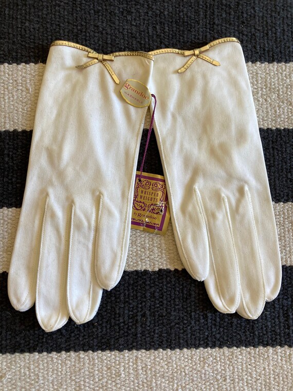 Vintage White Gloves with Metallic Trim Bow Detai… - image 1