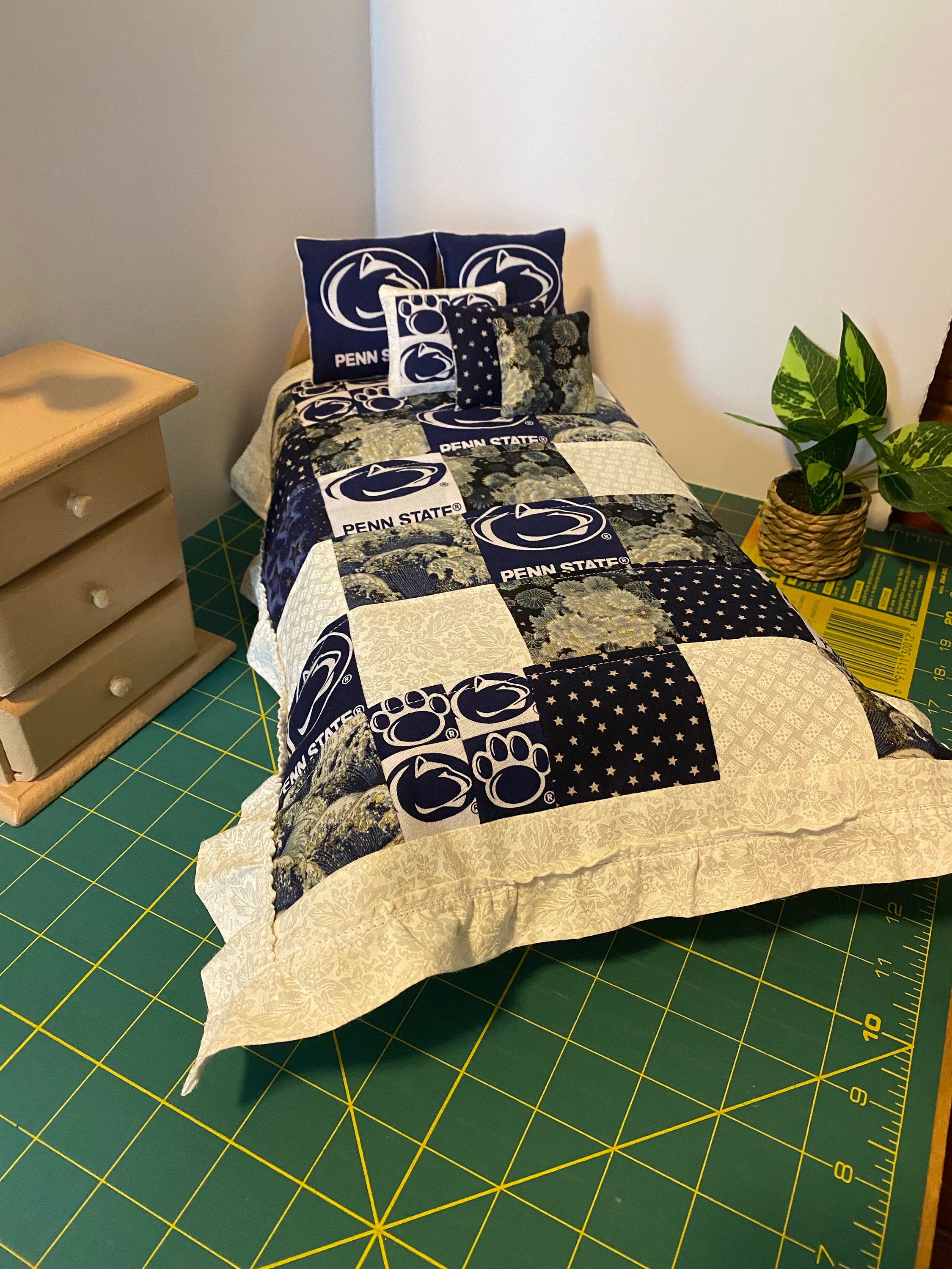 Penn State University Team Colors in a Handmade Miniature Quilt Set Penn State University Team Colors in a Handmade Miniature Quilt Set