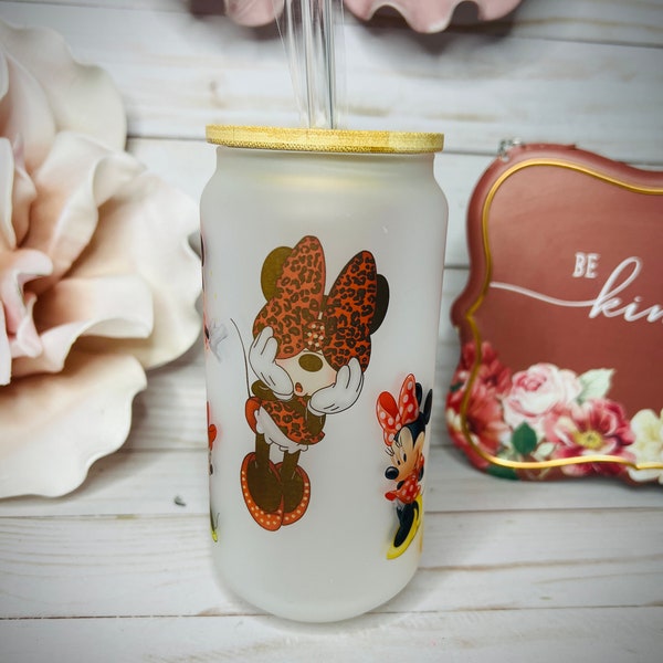 Minnie Mouse Frosted glass tumbler/cup with bamboo lid and straw.