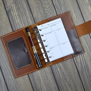 A7 Leather Ring Binder – Refillable Planner Cover – Handmade Pocket Organizer