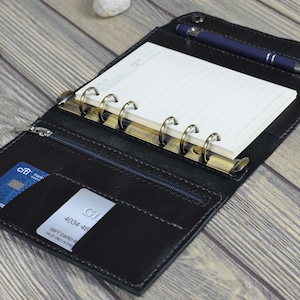A6 leer zwart 6-ringband, reisplanner met ritsvak, hervulbare journal r & organizer, gepersonaliseerde maandelijkse agenda,
