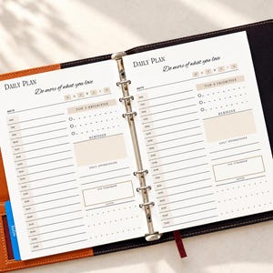 May include: A brown leather binder with a six-ring metal mechanism holding white daily planner pages. The pages feature the text Daily Plan and Do more of what you love, with sections for date, top 3 priorities, reminders, and hourly schedules.