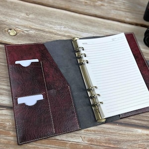 A5 Leather Notebook Cover with 6-Ring , Pen Holder,2025 A5 Refillable Journal, Personalized Leather Case with Card Slots