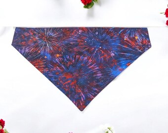 Dog Bandana Fireworks Red White Blue Over the Collar Scarf Pet Cat Patriotic USA America 250