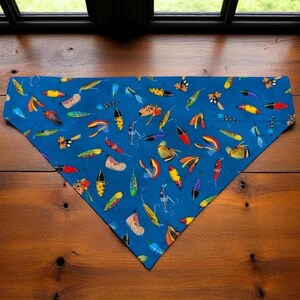 Outdoorsy Dog Bandana, Fishing Lures Cotton Slide on Dog Bandana, Pet Scarf, Easy Slip Over Collar Bandana, Gift for Dog Dad Mom