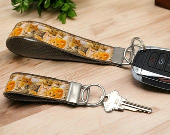 Cat Print Keychain, Wristlet Key Fob, Zipper Pull