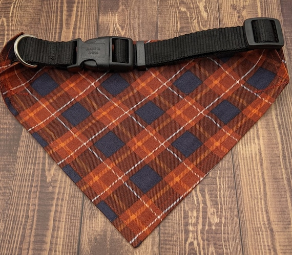 Fall Dog Bandana OVER THE COLLAR Plaid Navy Brown Orange Bandanas