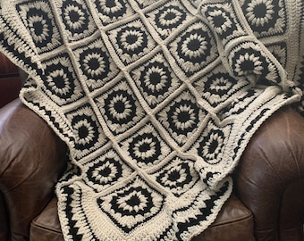 Handmade Crochet Black White Granny Square Blanket Throw Afghan