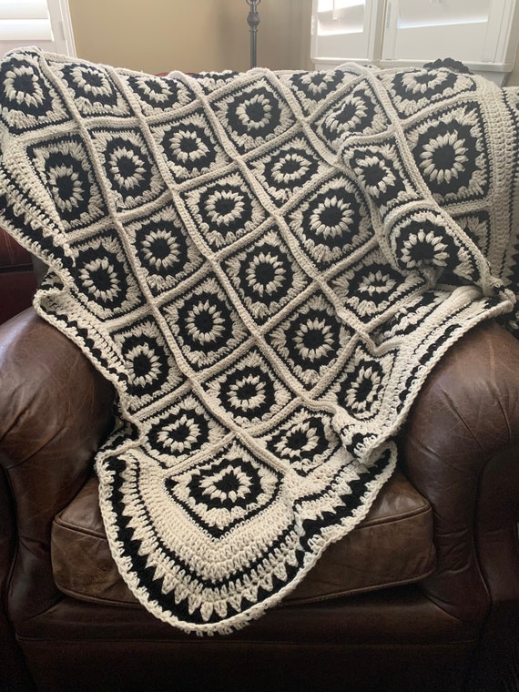 Handmade Crochet Black White Granny Square Blanket Throw | Etsy