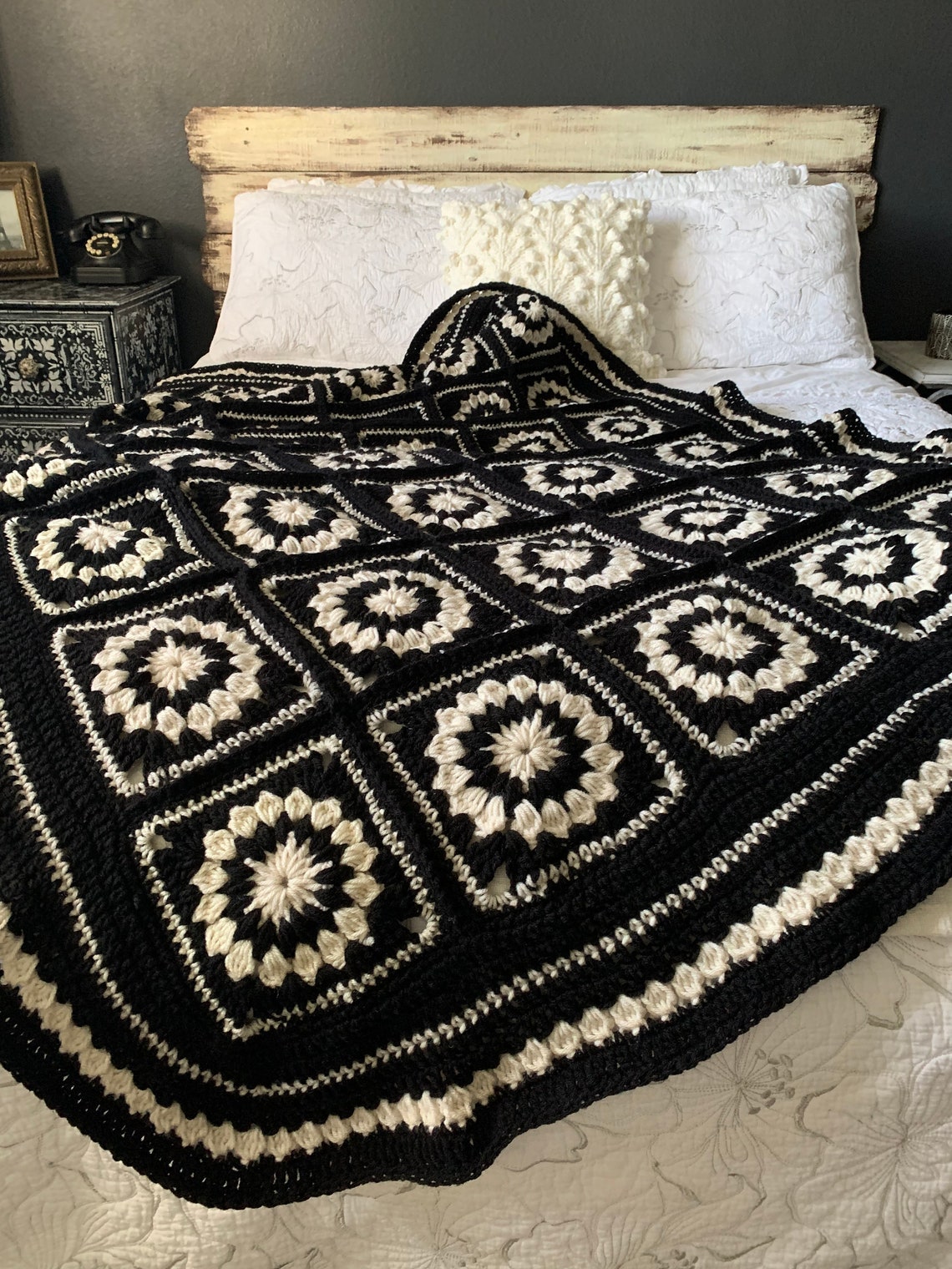 Handmade Crochet Black and White Granny Square Blanket Throw Etsy