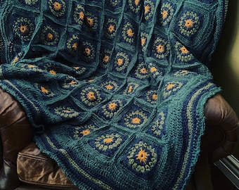 Handgemaakte gehaakte oma vierkant groenblauw mosterdgele deken deken Afghaans