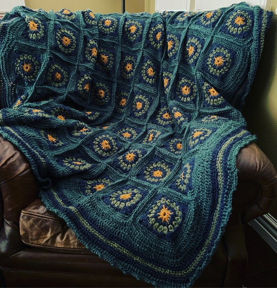 Handmade Crochet Granny Square Teal Green Blue Mustard Yellow Blanket Throw Afghan Etsy Canada
