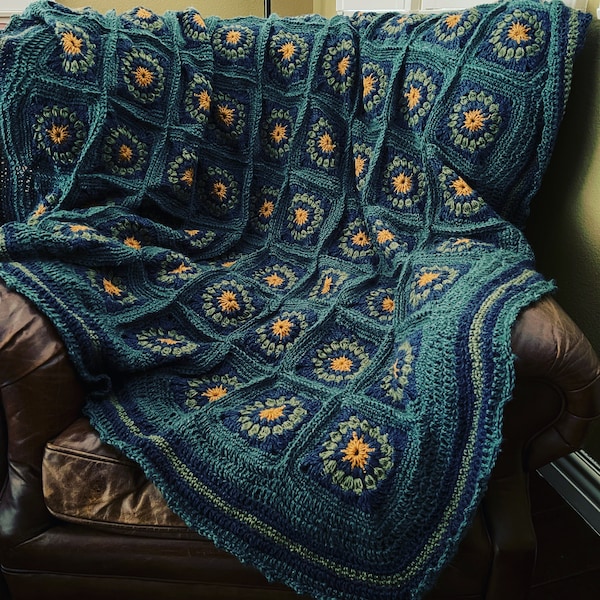 Handmade Crochet Granny Square Teal Green Blue Mustard Yellow Blanket Throw Afghan