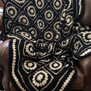 Handmade Crochet Black and White Granny Square Blanket Throw Afghan