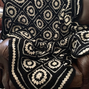 Handmade Crochet Black and White Granny Square Blanket Throw Afghan