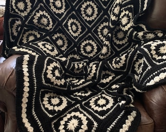 Handmade Crochet Black and White Granny Square Blanket Throw Afghan