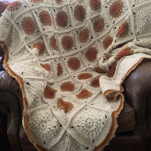 Handmade Crochet Off White Pumpkin Camel Rust Granny Square Blanket Throw Afghan