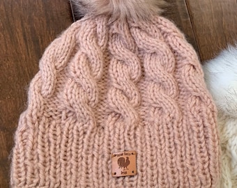 Handmade Knitted Wool Blush Pink Pom Pom Beanie Hat