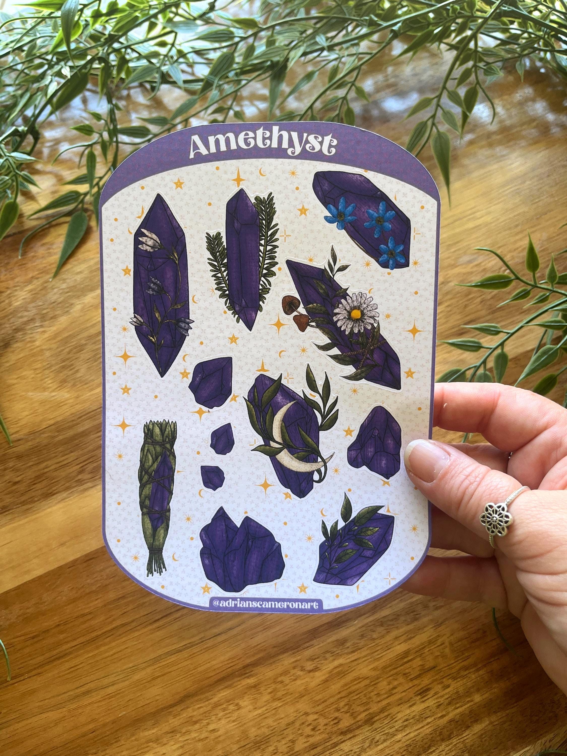 Crystal Sticker Sheet Amethyst Crystal Sticker Sheet | Witchy Botanical | Mystic Gemstone Art ...