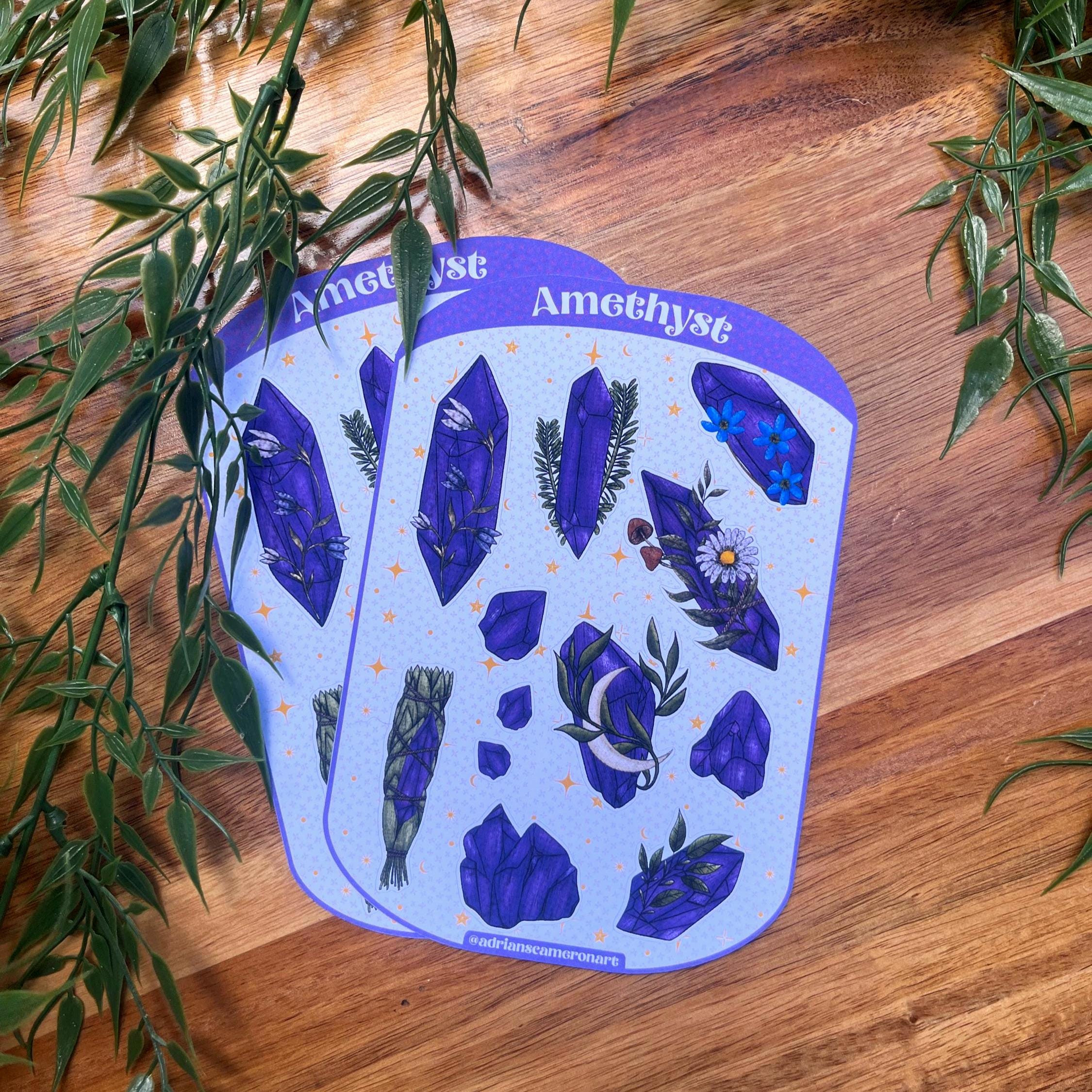 Crystal Sticker Sheet Amethyst Crystal Sticker Sheet | Witchy Botanical | Mystic Gemstone Art ...