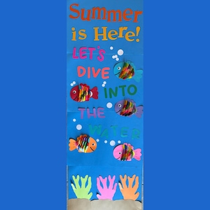 Decoración para puertas de aulas de profesores/ ¡Llegó el verano! ¡A sumergirnos en el agua!/ Recortes/ Cartulina/ Kit de decoración/ Tablón de anuncios/ Escuela