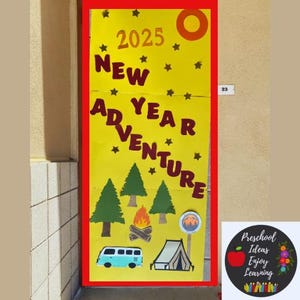 Decoración de puerta de clase de la escuela de maestros/Aventura de Año Nuevo 2025/recortes/cartulina/Kit de decoración/Tablón de anuncios/