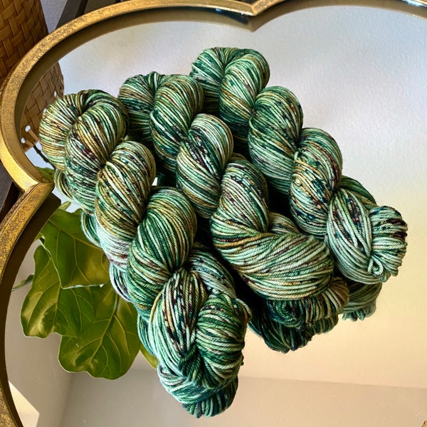 Hand Dyed Yarn “Through the Trees” Superwash Merino Nylon Yarn Green, Gold with Pine, Hunter Green, and Brown Speckles