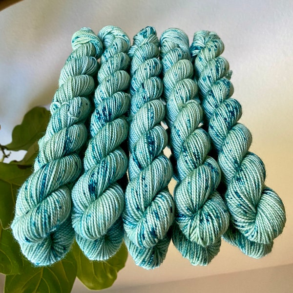 Hand Dyed Yarn "Seaglass" Mini Skein Mint Blue-Green with Teal Speckles