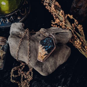 Fossilized Palm Root and Copper Coffin Pendant Necklace, Skull Tombstone, RIP Macabre
