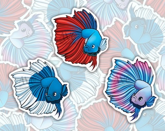 Flaring Betta Fish Sticker - Red and Blue, Blue and White, Purple (Glossy Vinyl)