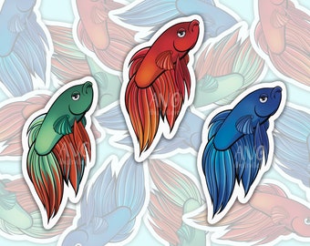 Grumpy Veiltail Betta Fish Sticker - Red, Blue, Green (Glossy Vinyl)