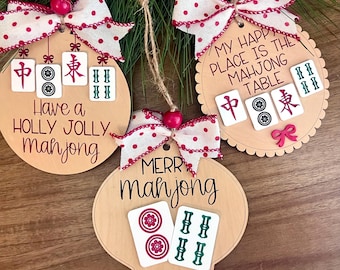 Mahjong Christmas Ornaments – Engraved Wood with Acrylic Tiles
