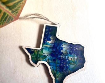 Handcrafted Texas State Ornament & Suncatcher with Bluebonnet Acrylic and Jute Ribbon Hanger