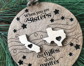 Custom and Personalized Miles apart with state or georgraphical cutouts ornament