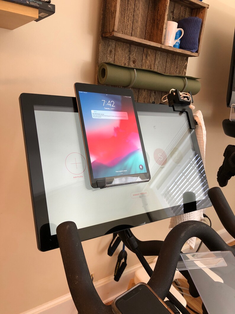 Exercise bike, I-Pad, Tablet holder, fits bike monitors, Bike and Bike + Tread and Tread + and most monitors less than 1" thick. USA made Large height 9 inches