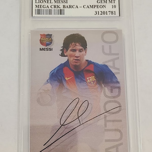 Graded Lionel Messi 2004 Panini Sports #89 Mega Crack Barca Campeon Reprint Soccor card facsimile autograph auto