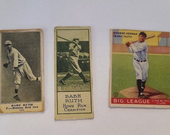 3x custom Babe Ruth custom aged and remade Baseball cards 1916 M101-5 #151 + 1924 Willards Chocolate and 1933 Goudey #144